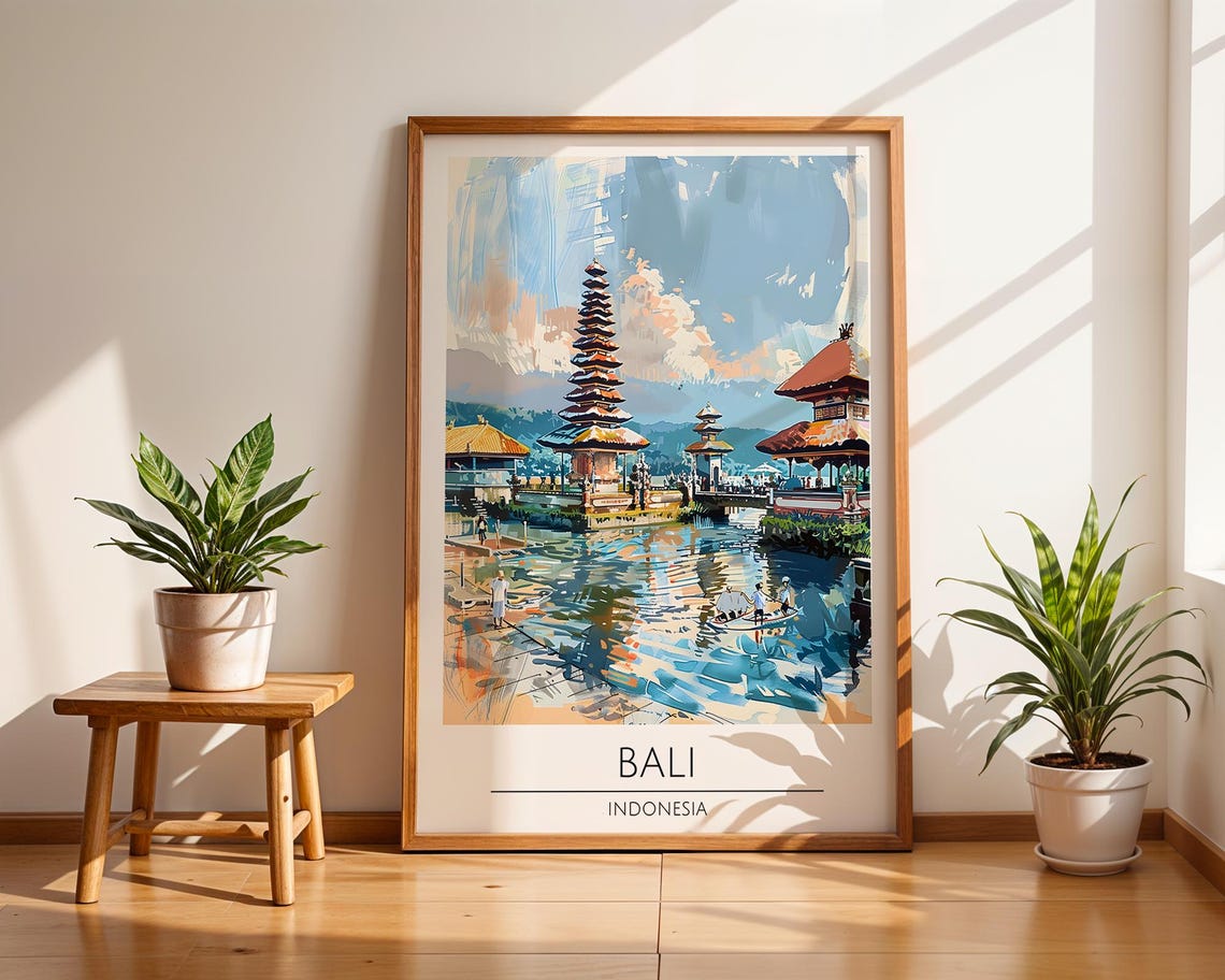 Bali Indonesia Lake Temple Watercolor Serene Island Art Poster