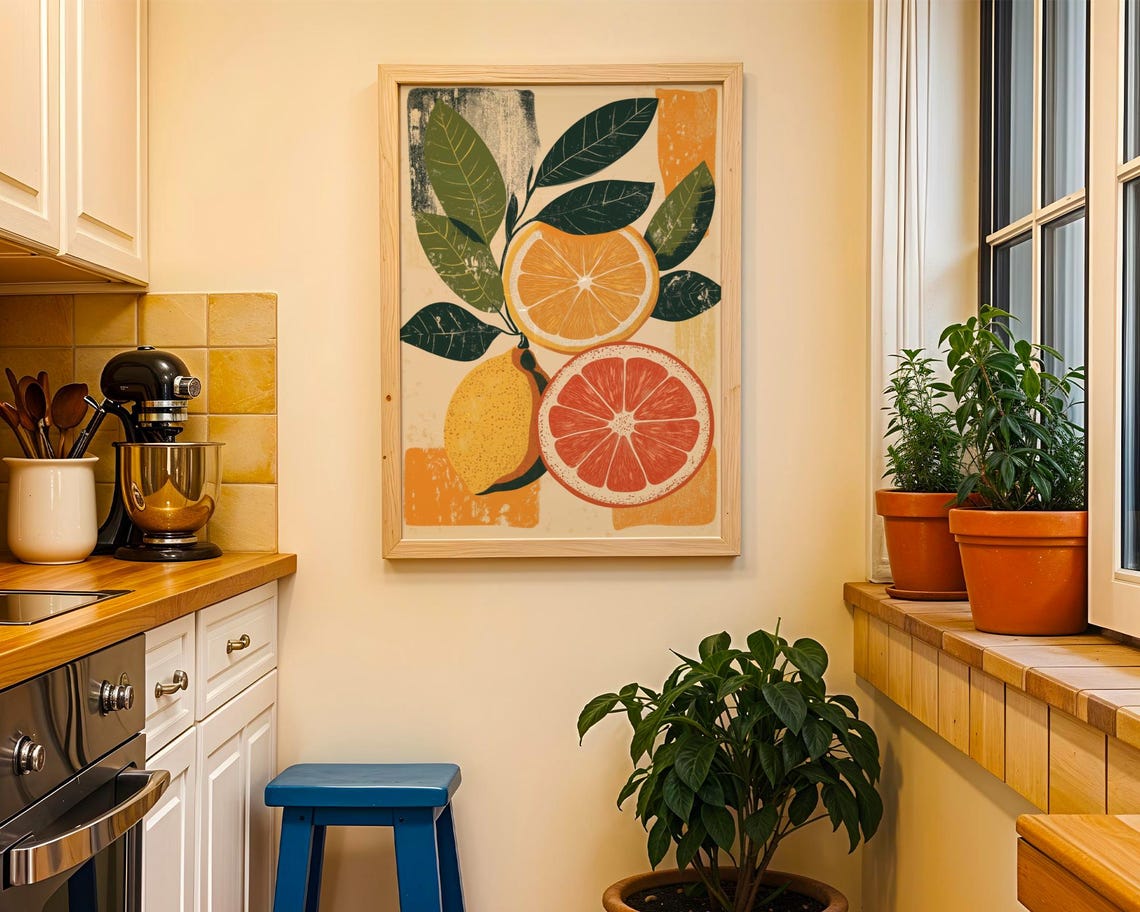 Citrus Botanical Kitchen Print Lemon Orange Wall Art Fresh Fruit Poster Modern Pantry Decor Colourful Foodie Gift Illustration