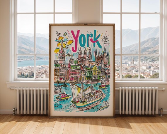York England Colorful Hand Drawn Waterfront Cityscape Travel Poster