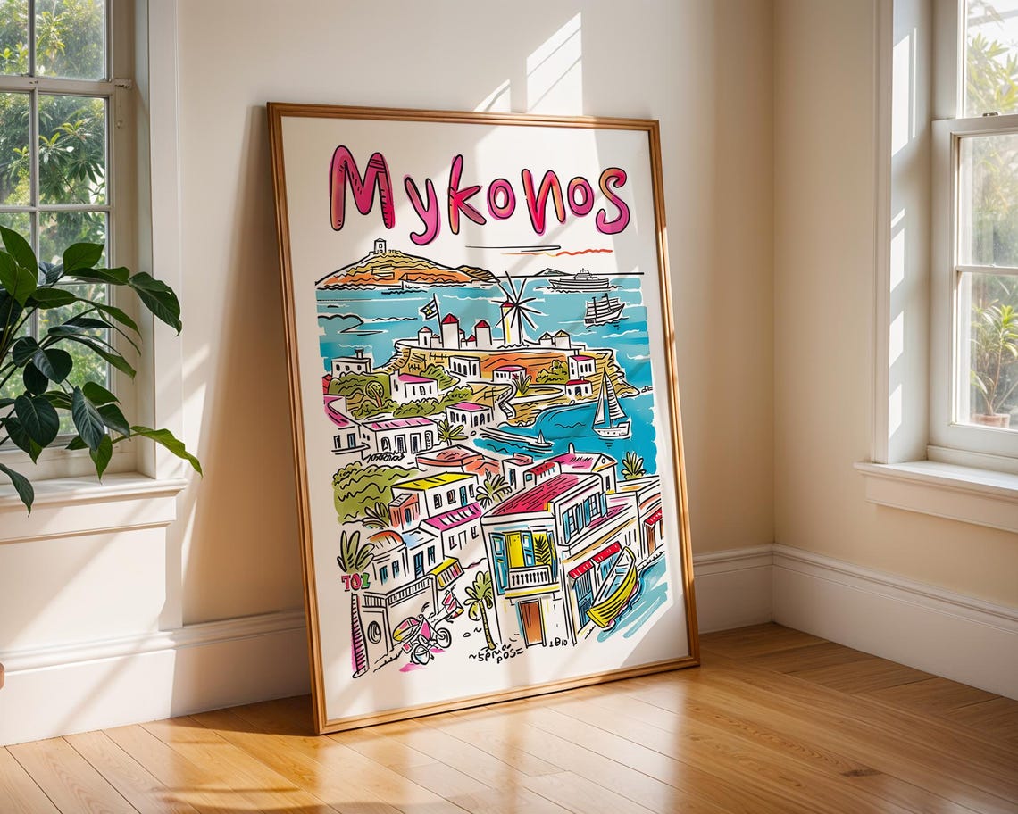 Mykonos Greece Colorful Aegean Harbor and Windmills Travel Poster