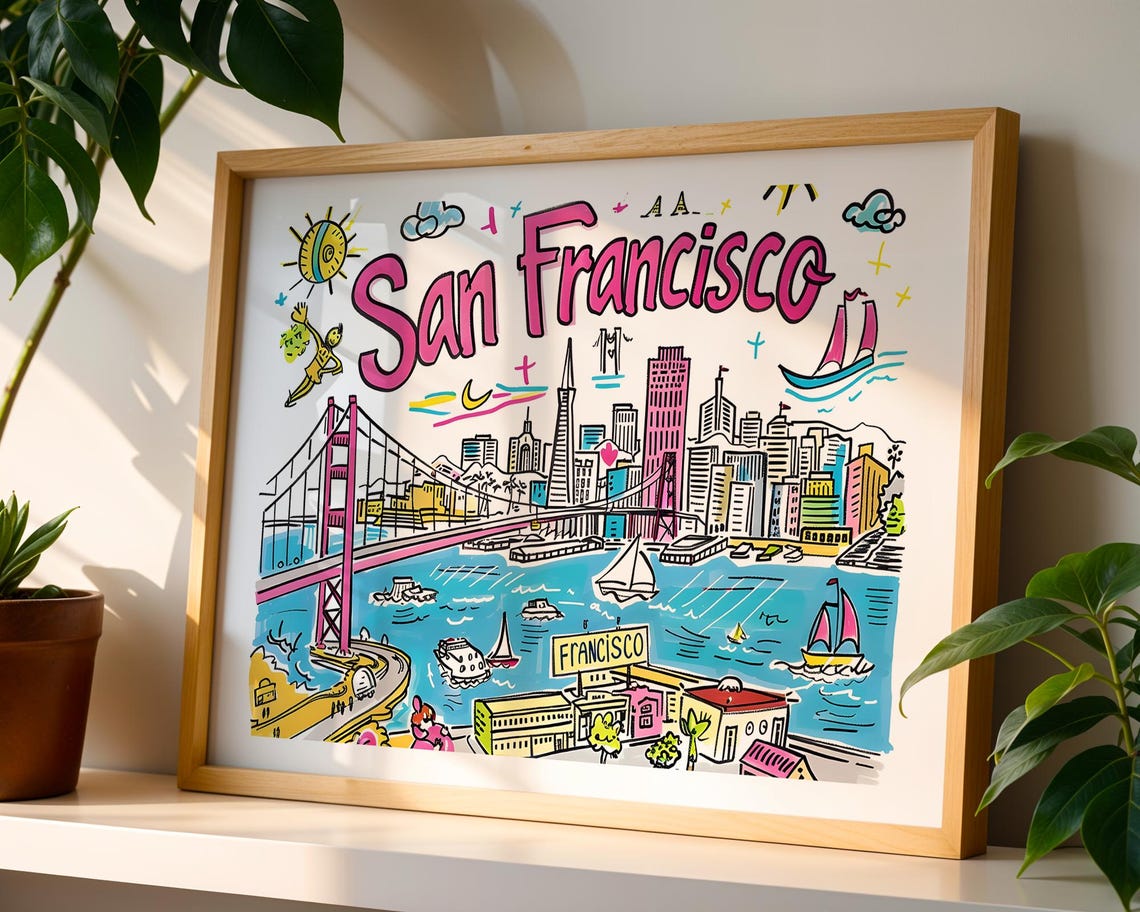 San Francisco Golden Gate Bridge Illustrated Hand Drawn Travel Poster