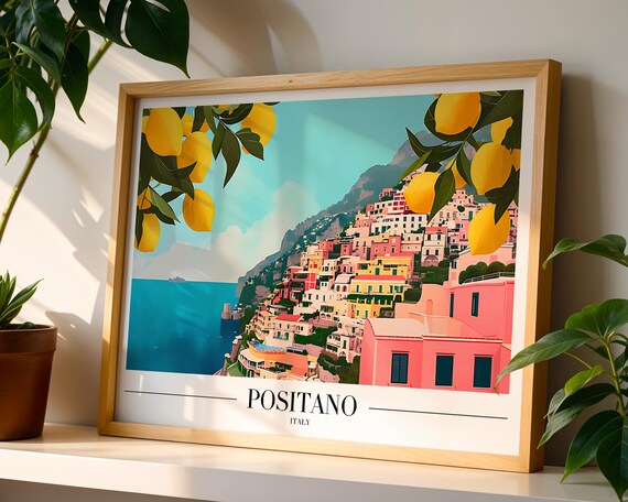 Positano Italy Travel Poster With Colorful Hillside Village Lemon Trees
