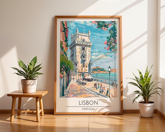 Lisbon Portugal Belem Tower Riverfront Promenade Scene Art Poster