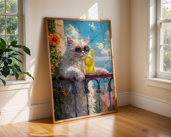 Funny Summer Cat Wall Art Fluffy In Sunglasses With Lemonade On Balcony Quirky Animal Print For Bright Interiors Home Decor