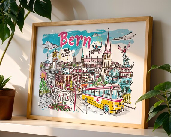 Bern Switzerland Hand Drawn Old Town Illustrated Travel Poster