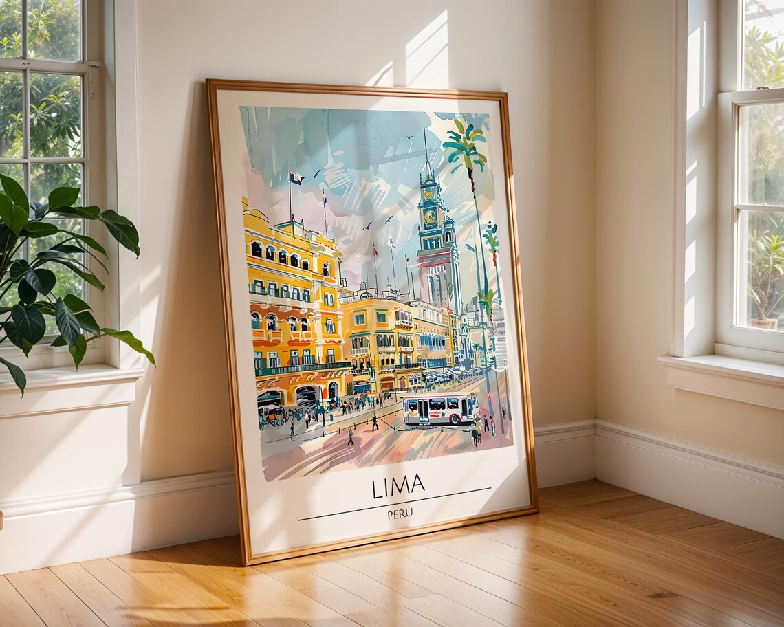 Lima Peru Plaza de Armas Yellow City Watercolor Travel Poster