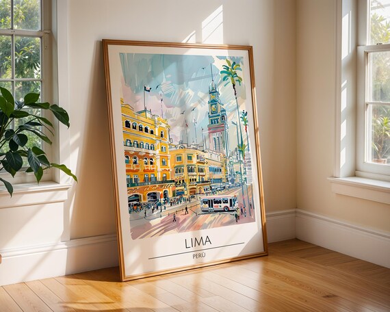 Lima Peru Plaza de Armas Yellow City Watercolor Travel Poster