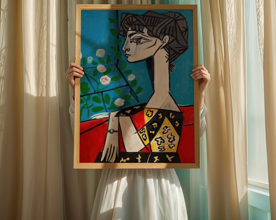 Cubist Woman Portrait in Blue and Red Picasso Inspired Style Poster