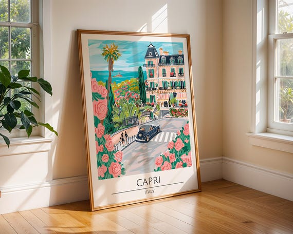 Capri Italy Travel Poster Romantic Italian Coast Wall Art Luxury Amalfi Decor Colourful Villa Illustration Vintage Europe Print