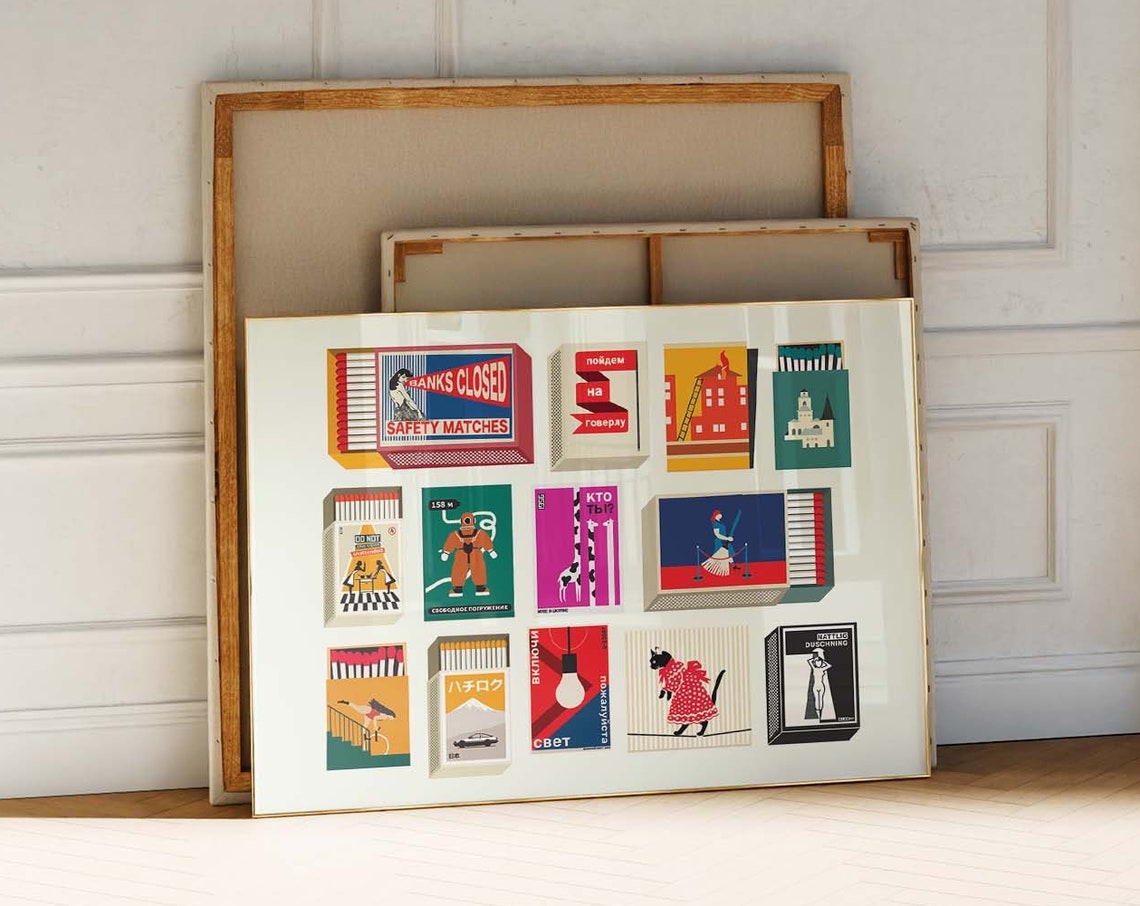 Vintage Matchbox Art Poster Retro Safety Match Illustration Collection
