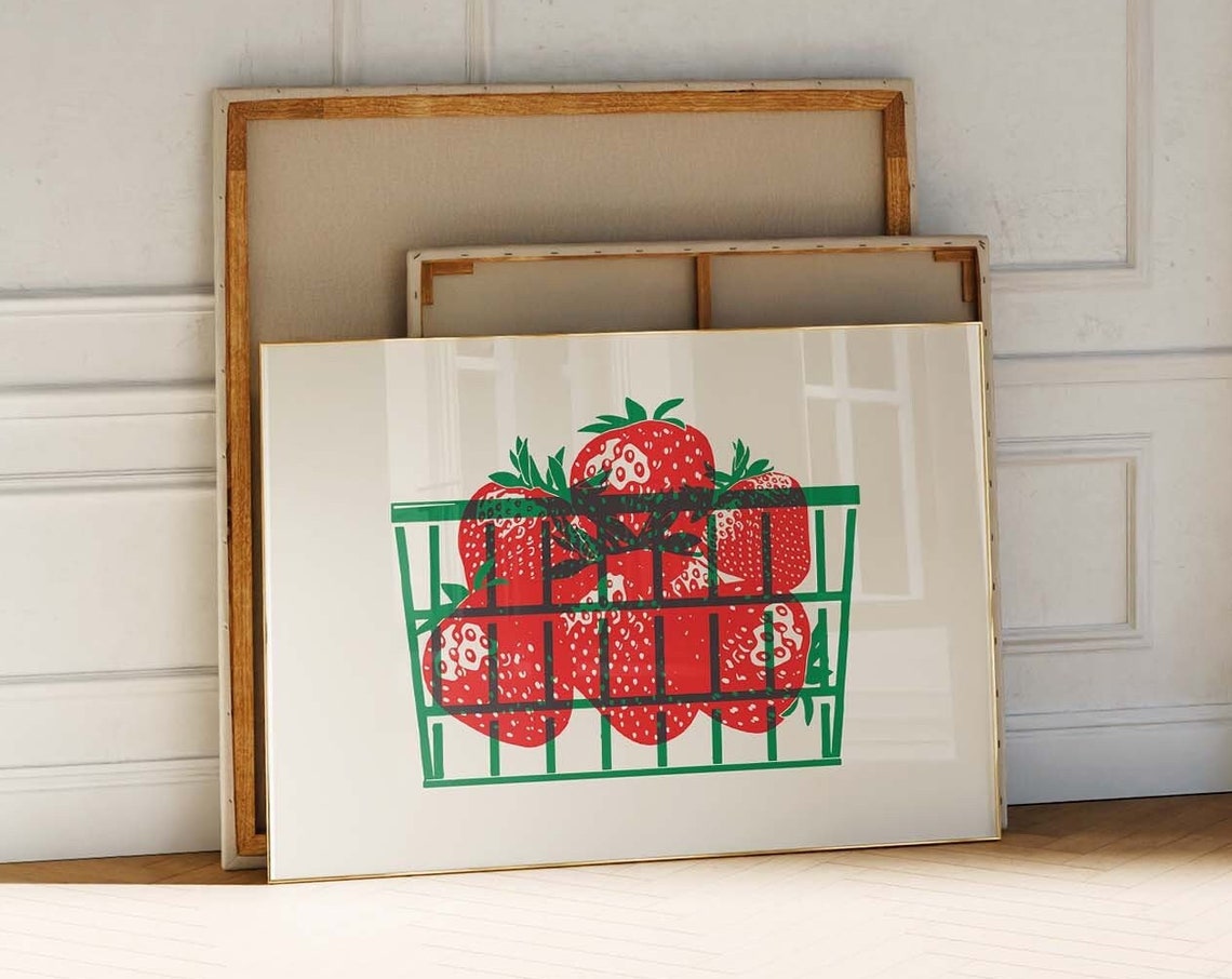 Red Strawberries Green Berry Basket Retro Fruit Kitchen Art Poster
