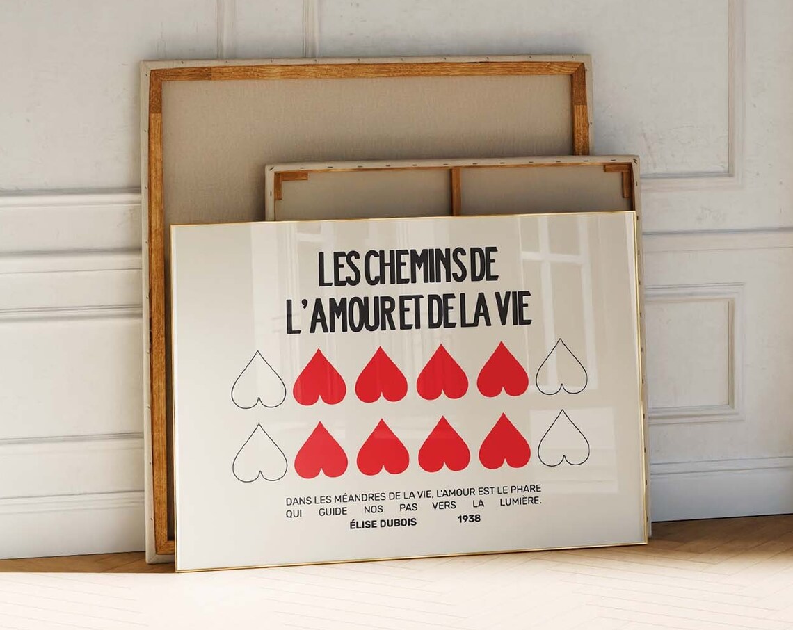 Vintage French Love Poem Red Hearts Les Chemins De L Amour Poster