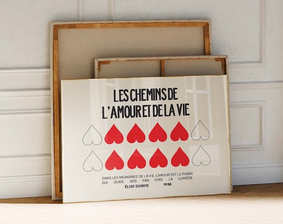 Vintage French Love Poem Red Hearts Les Chemins De L Amour Poster