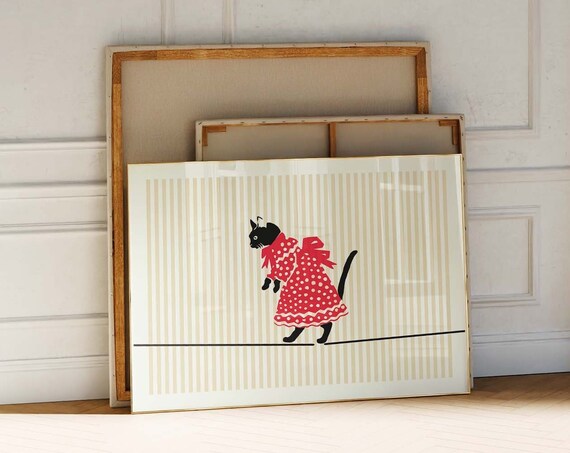 Black Cat in Red Polka Dot Dress Tightrope Walker Cute Animal Art Poster