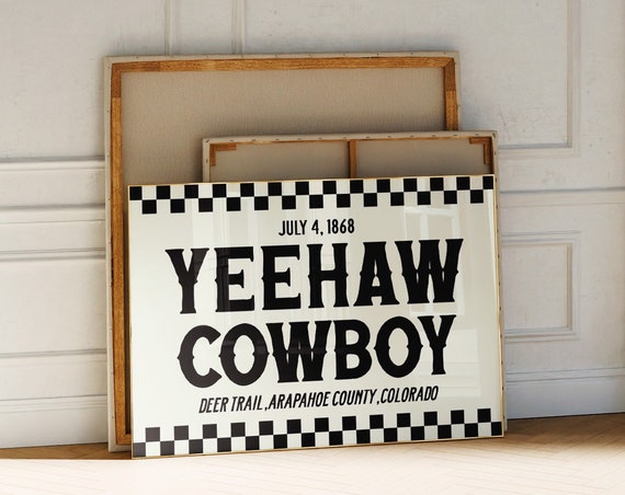 Yeehaw Cowboy Long Narrow Wall Art Retro Horizontal Wall Art Black And White Western Wall Art Above Bed Art Retro Cowboy Poster