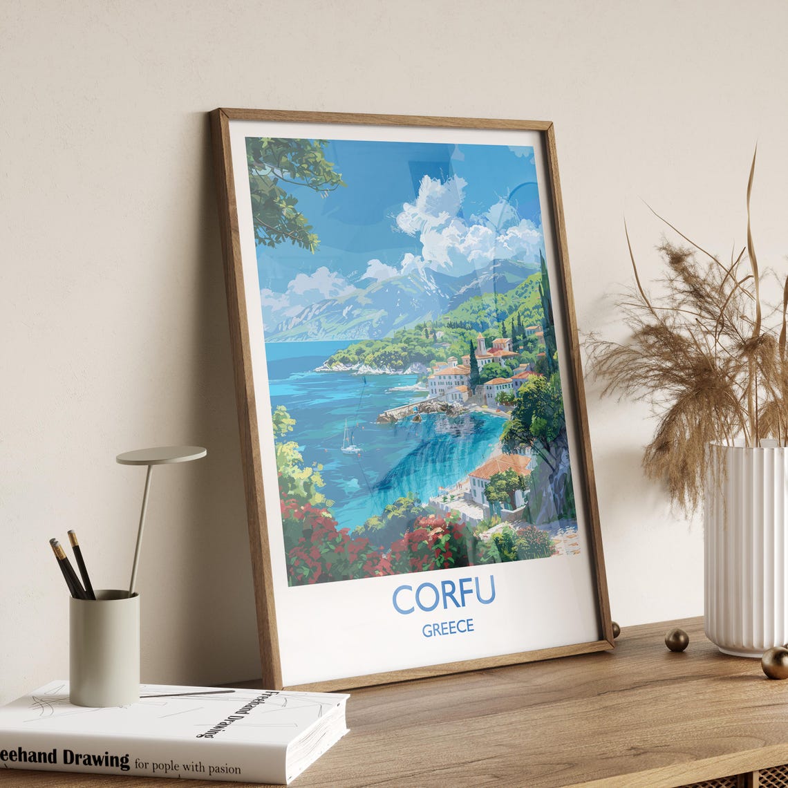 Corfu Greece Coastal Village Bay White Border Text Travel Poster - Image 2