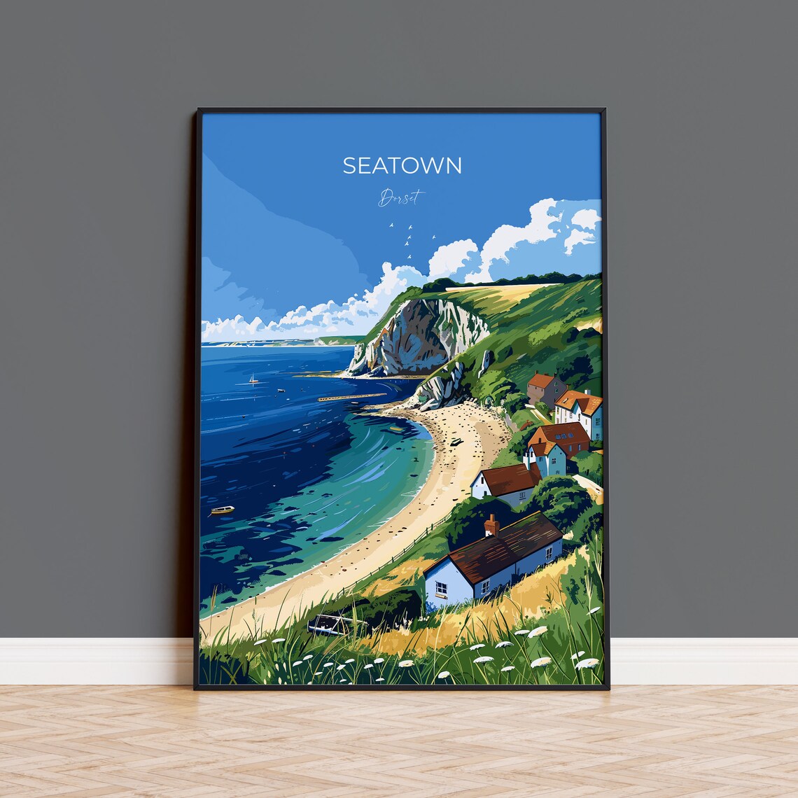 Seatown Dorset Cottage Cove Chalk Cliffs Coastline Travel Poster