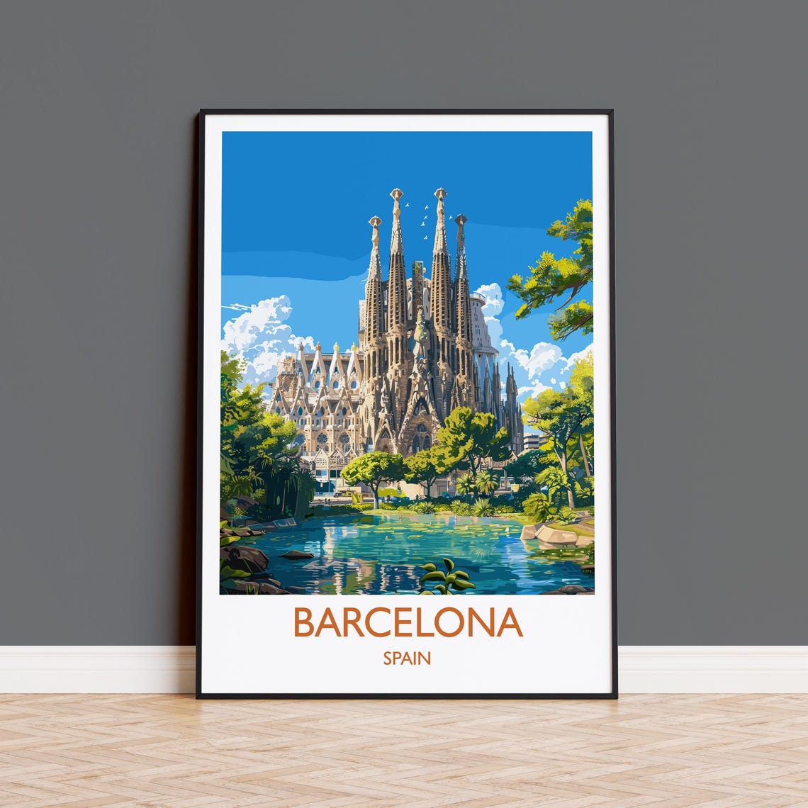 Barcelona Sagrada Familia White Border Text Spain Travel Poster