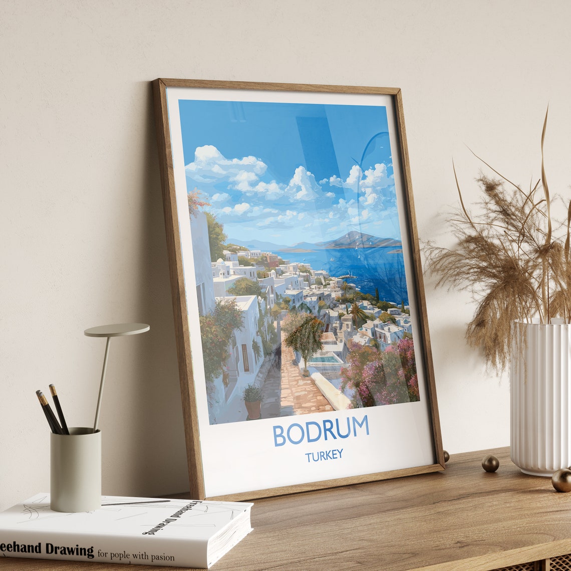 Bodrum Turkey Whitewashed Hillside Coastal Town View Art Poster - Image 3
