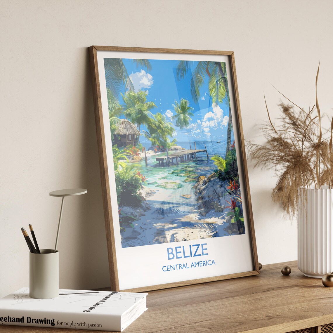 Belize Beach Cove Thatched Hut Wooden Jetty Travel Poster With Title Below - Image 2