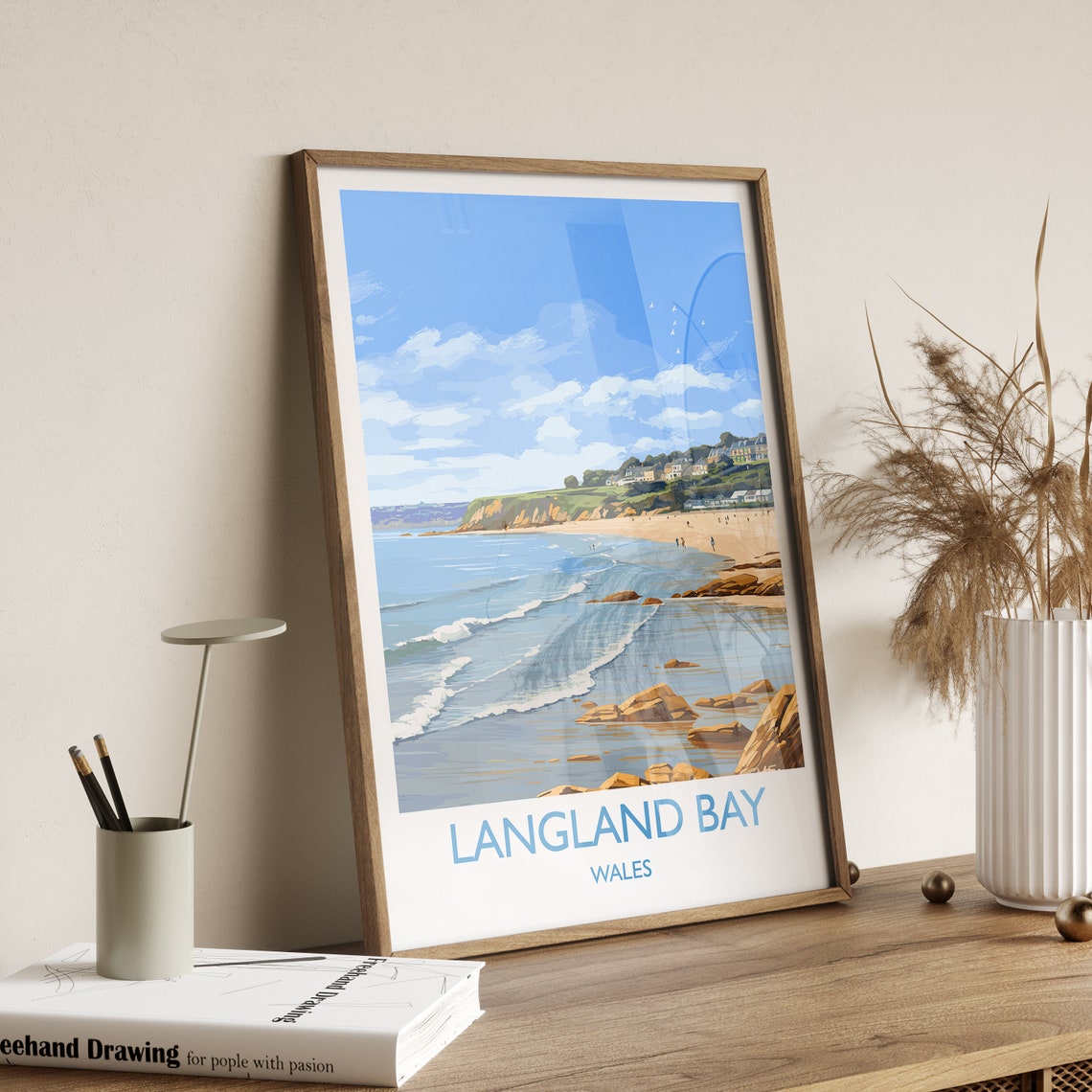 Langland Bay Wales Travel Poster Rocky Coast Surf Ocean Scene - Image 2