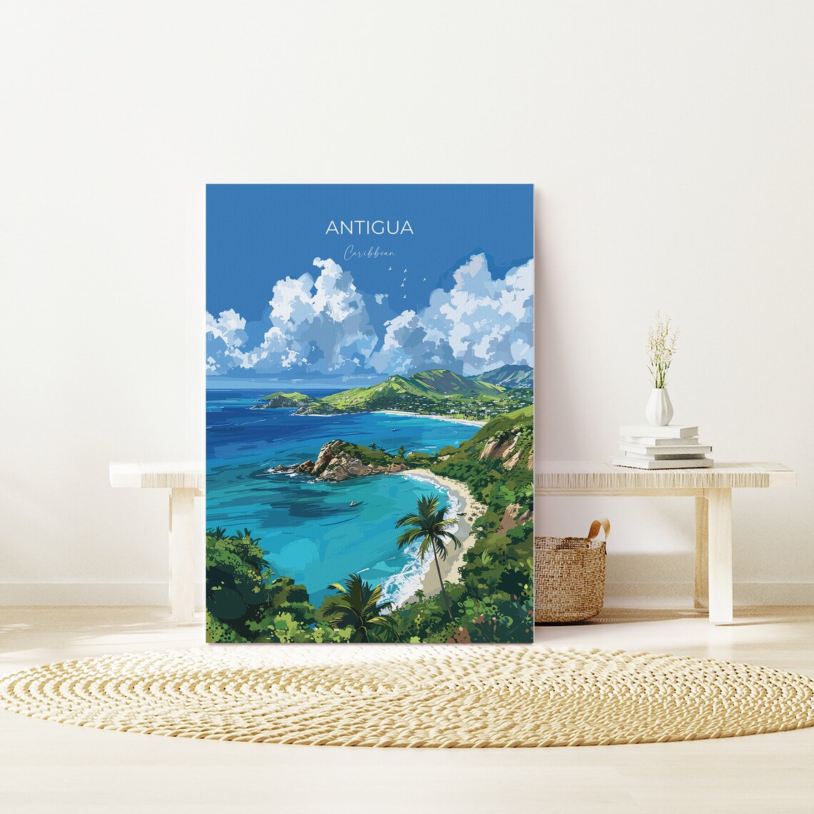 Antigua Caribbean Rocky Point Blue Bay Palm Trees Travel Poster - Image 2