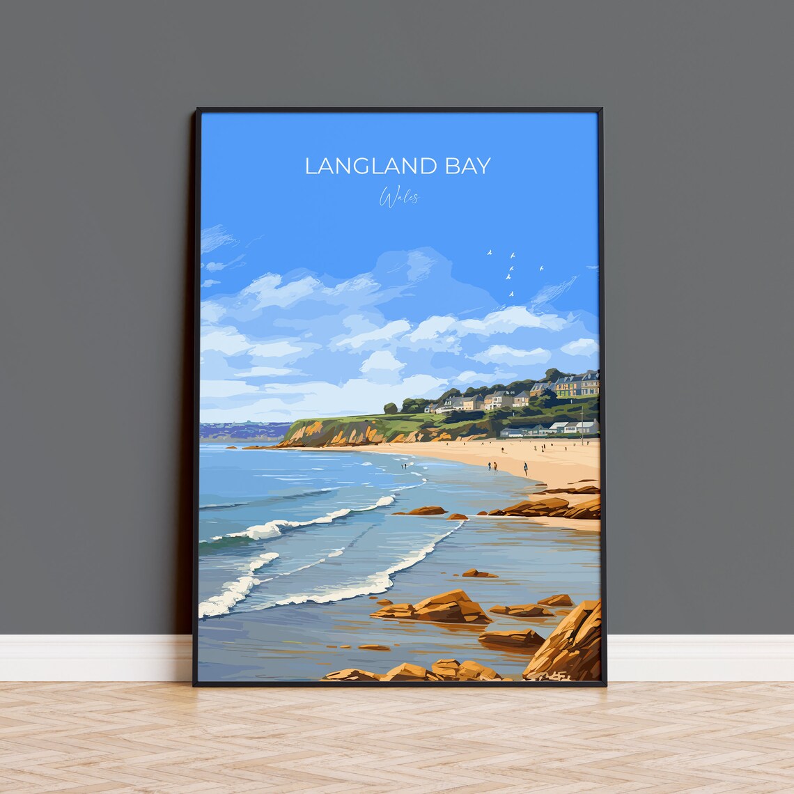 Langland Bay Wales Travel Poster Rocky Shore Seaside Town Ocean Art