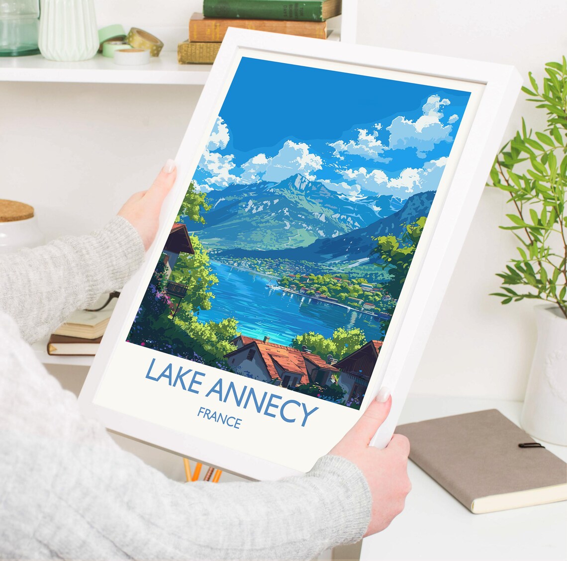 Lake Annecy France Lakeside Chalets White Border Travel Poster - Image 3