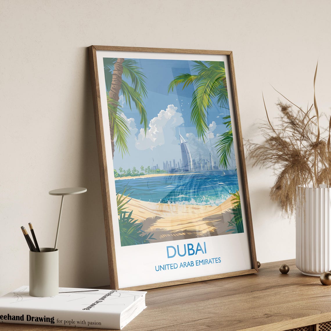 Dubai UAE Burj Al Arab Beach Palms Blue Ocean Vintage Travel Poster - Image 2