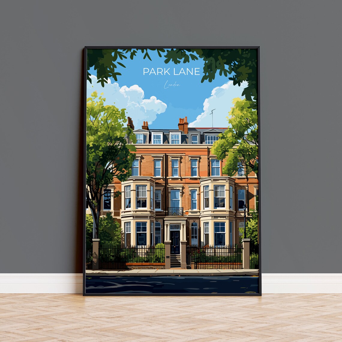 Park Lane London Elegant Brick Townhouses Leafy Street Travel Poster