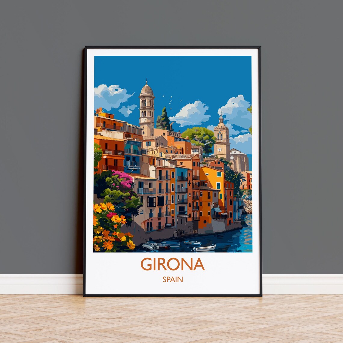Girona Spain Colorful Onyar Riverside Houses Poster With Title Below