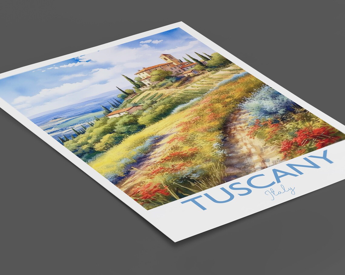 Tuscany Italy Rolling Hills Vineyard Villa Watercolor Poster - Image 2