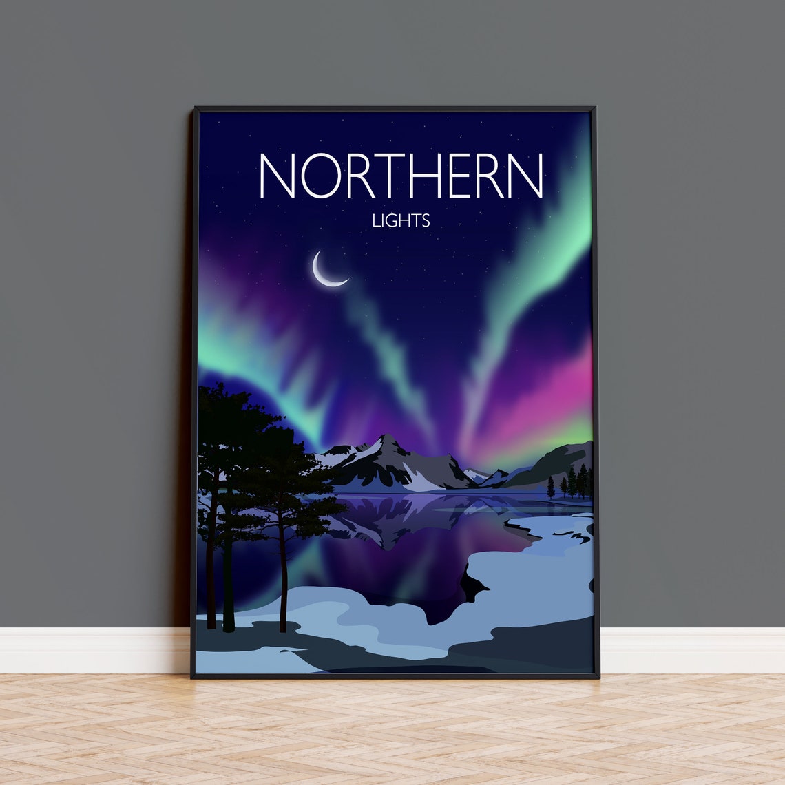 Northern Lights Aurora Lake Reflection Starry Night Art Poster
