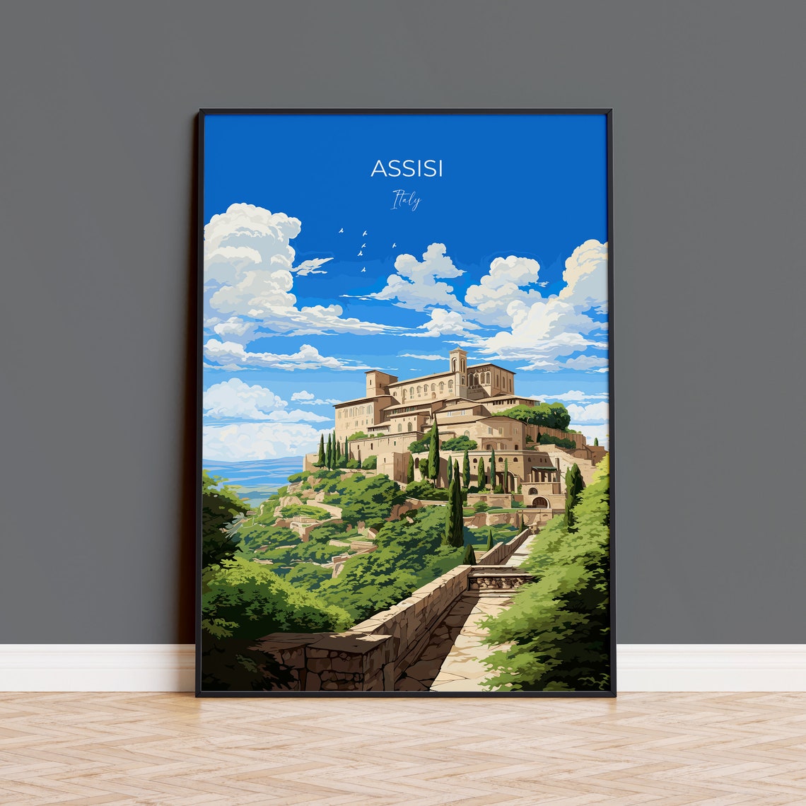 Assisi Italy Basilica Hill Town Cypress Path View Travel Poster