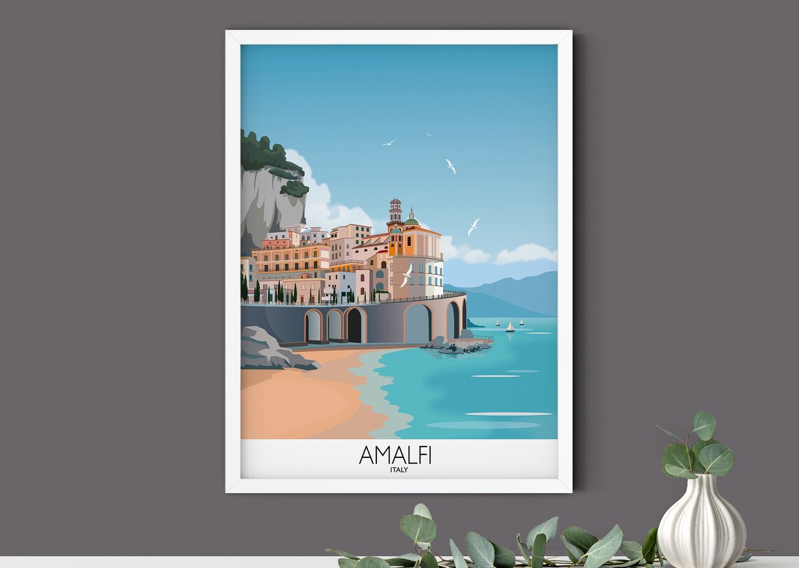 Amalfi Italy Coast Travel Poster of Cliffside Town and Beach - Image 2