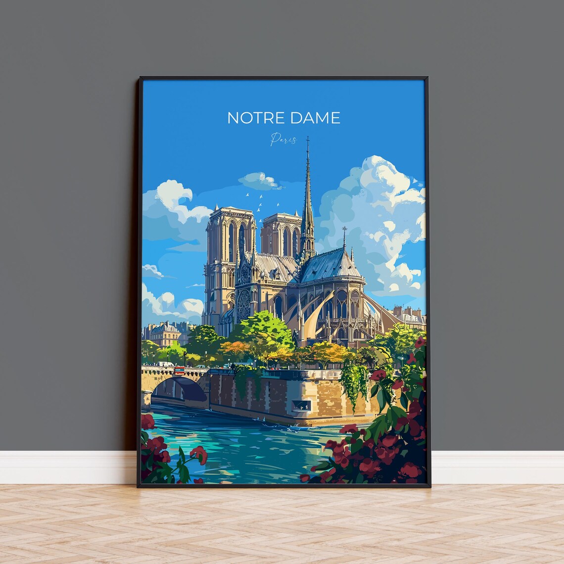 Notre Dame Paris Gothic Cathedral River Seine View Travel Poster