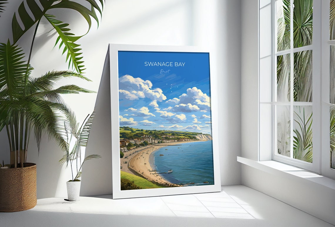 Swanage Bay Dorset Coastal Beach Panorama Vintage Script Poster - Image 3