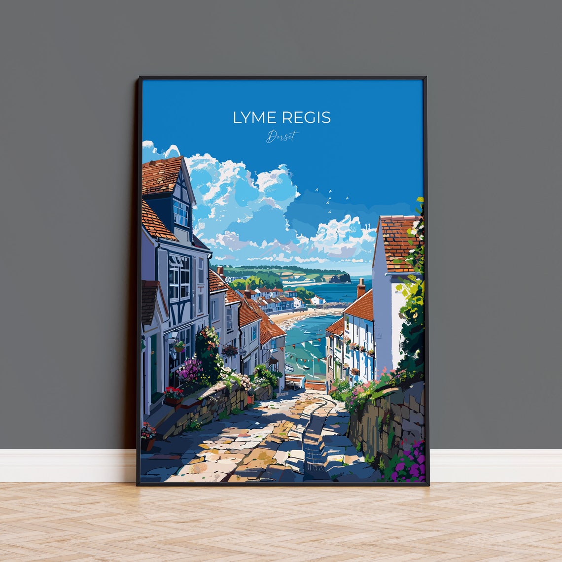 Lyme Regis Dorset Old Town Street Ocean Vintage Script Poster