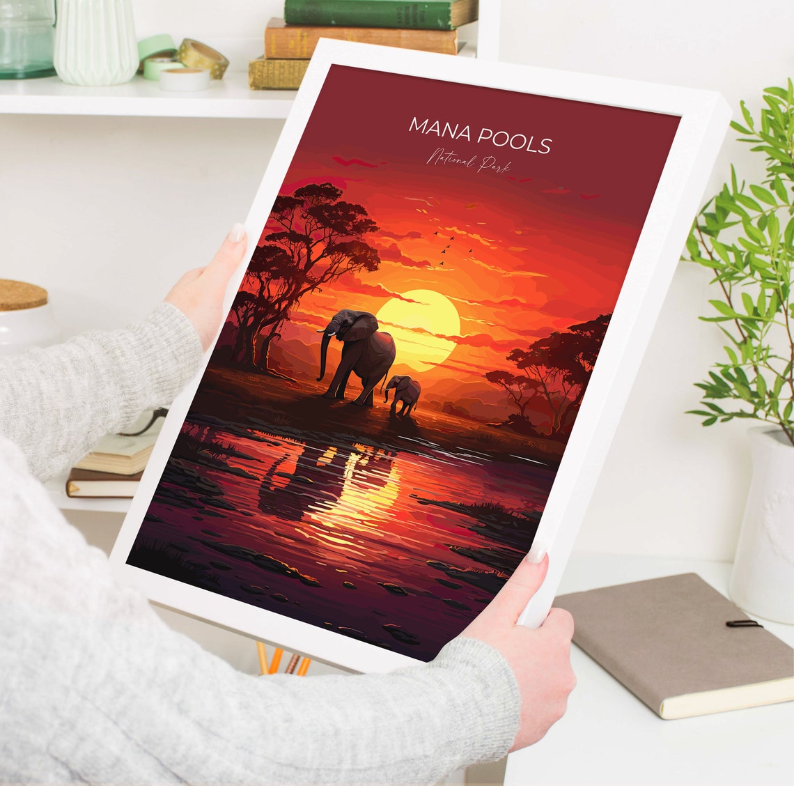 Mana Pools National Park Elephant Sunset Waterhole Art Poster - Image 5