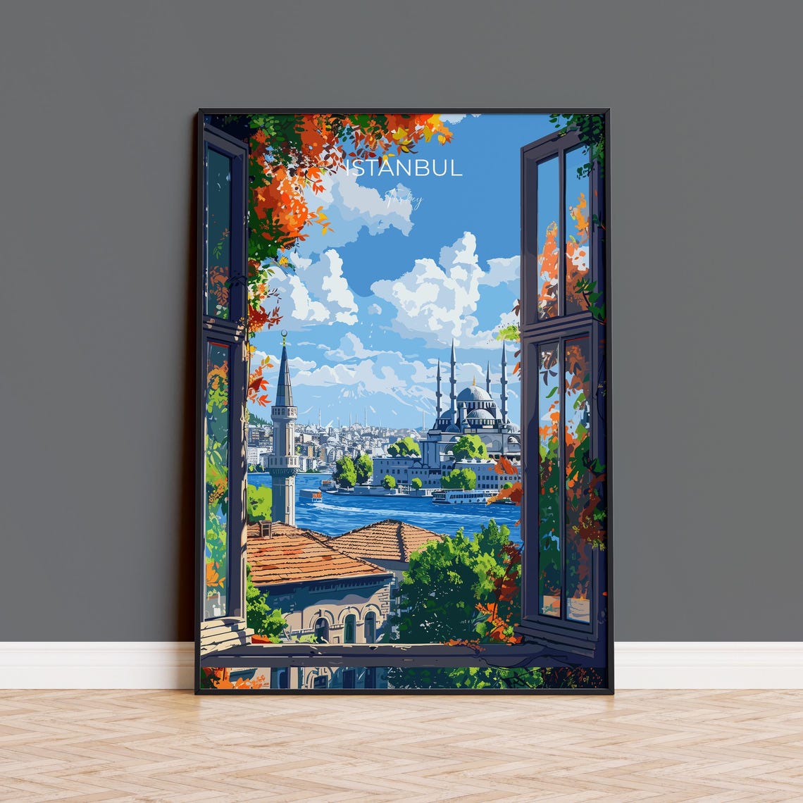 Istanbul Turkey Mosque Skyline Framed by an Open Window Poster