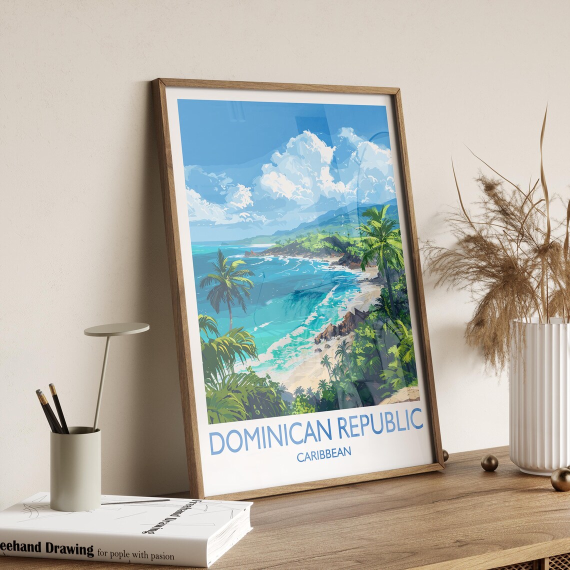 Dominican Republic Tropical Cove Beach White Border Travel Poster - Image 2