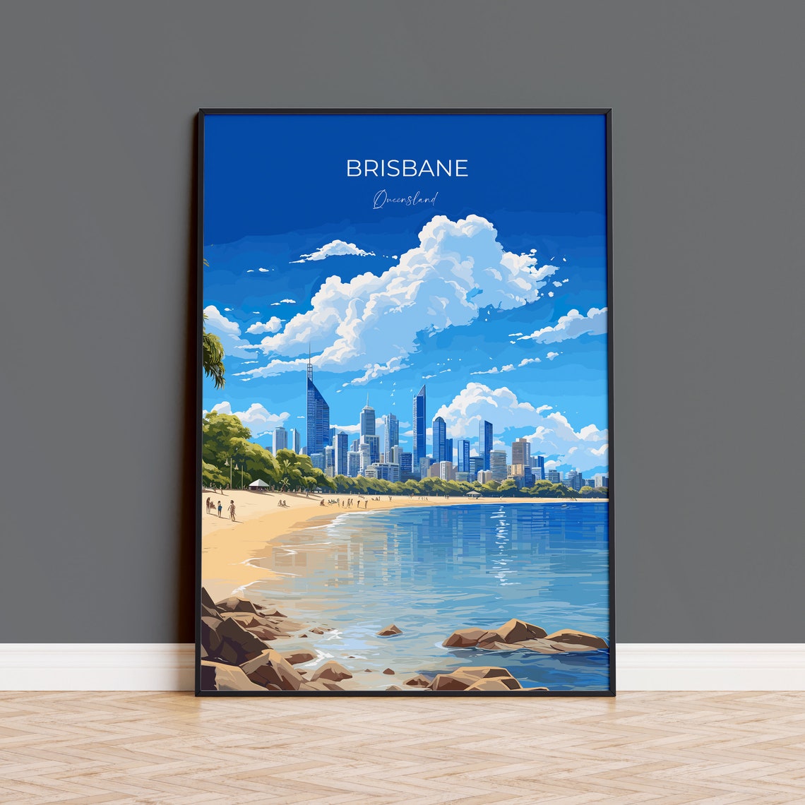 Brisbane Queensland Skyline Over Blue Water Bay Travel Poster