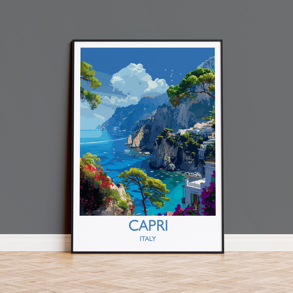 Capri Italy Blue Cliffs Seaside Town Bougainvillea Banner Poster