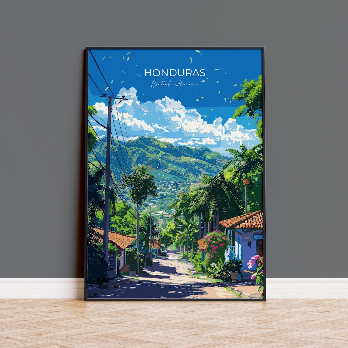 Honduras Village Street Palms Mountains Sunny Day Scene Travel Poster