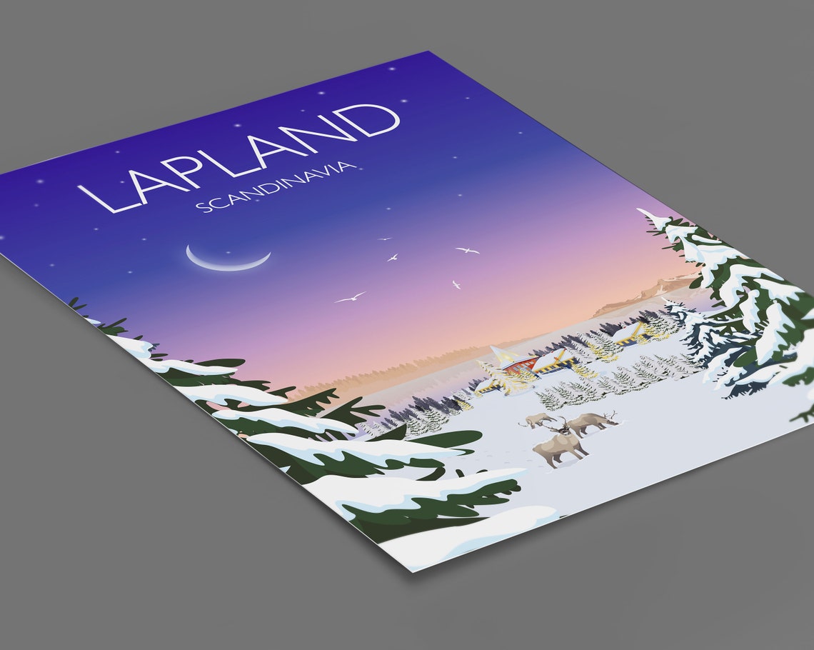 Lapland Scandinavia Snowy Village Reindeer Moonlight Art Poster - Image 2