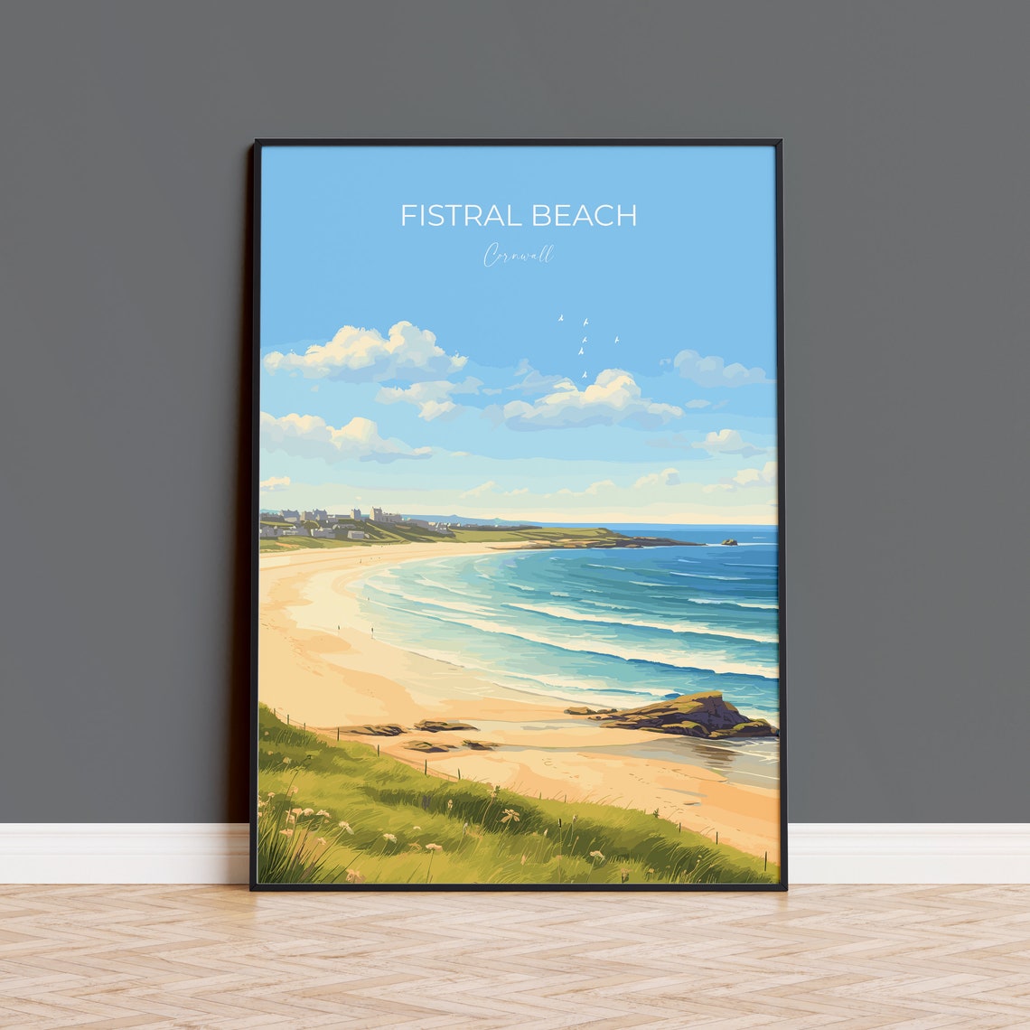 Fistral Beach Cornwall Blue Waves Beach Shore Scene Travel Poster