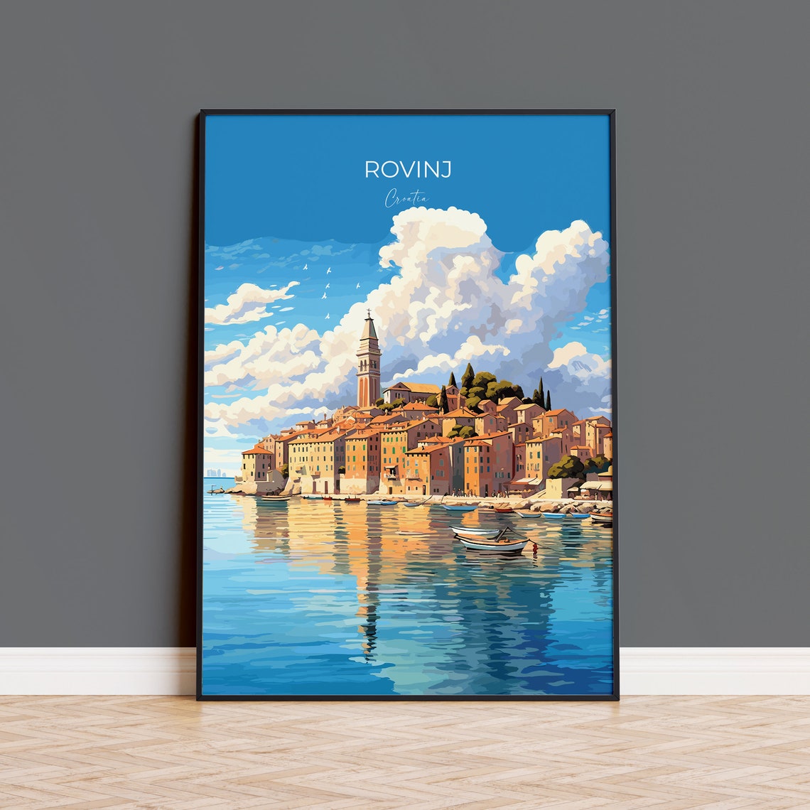 Rovinj Croatia Waterfront Old Town Bell Tower Travel Poster Wall Decor