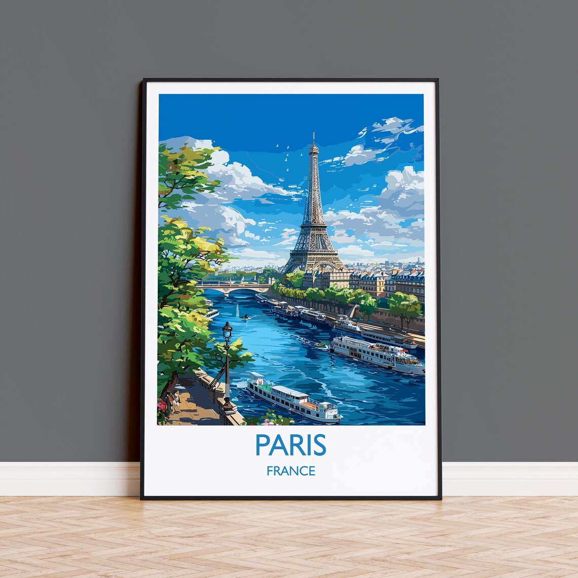 Paris France Eiffel Tower River Seine Cruise Boats Travel Print