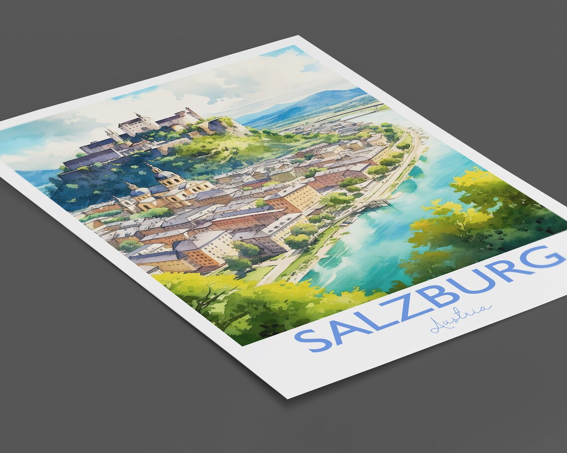 Salzburg Austria Fortress Old Town River Watercolor Travel Poster - Image 2