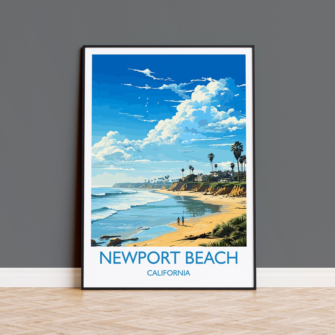 Newport Beach California Sandy Beach Palms Cliffs Vintage Poster